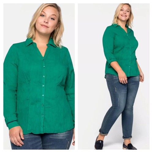 Sheego Plus Size 26 Green Collared Crinkle Look BLOUSE TOP Casual £35 - Picture 2 of 7