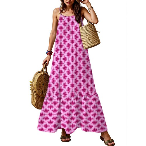 Women Summer Dresses Spaghetti Strap Scoop Neck Smocked Ruffle Flowy Boho Maxi - Picture 19 of 36