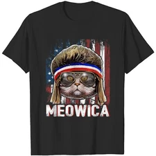 Meowica Cat Mullet American Flag Classic Novelty Tee M-3XL Fast Shipping