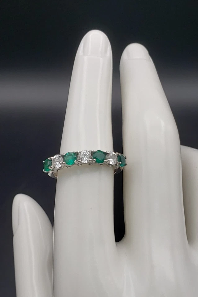 Vintage 4 Emeralds 3 White Topazes Sterling Silver Ring Size 7 - Image 2 of 4