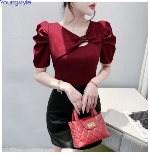 Korean Womens Puff Sleeve Beaded Summer Slim Party Cocktail Tops Blouse Shirts - Picture 6 of 20