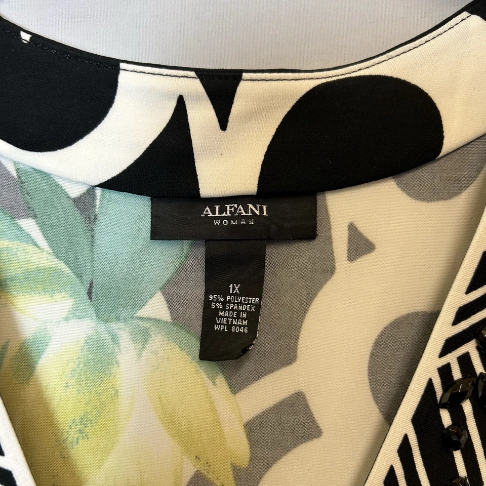 Vestido Alfani Mujer Extra Grande Negro Blanco Verde Floral Cuello en V Cuentas Foto 3 de 4