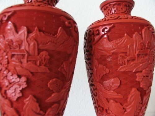 Début du 20ème siècle Paysage Sculpté Cinabre Paire 2 Vase Vases Émail RARE - Photo 1 sur 7
