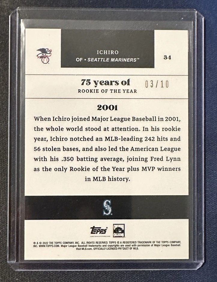 2022 Topps 75 Years of Rookie of the Year Ichiro Suzuki Red /10 HOF - Image 2 of 2