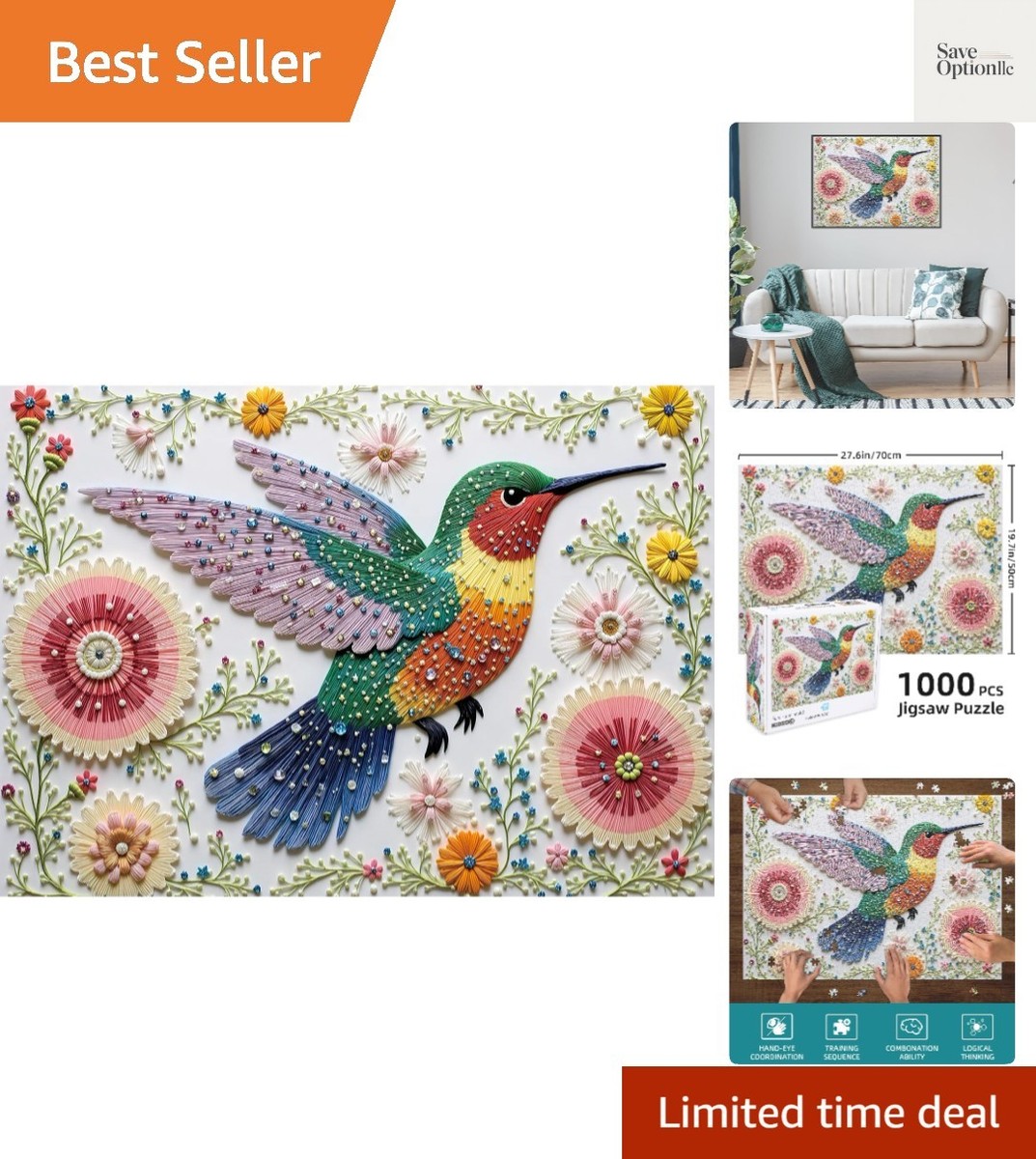 Puzzle for Adults 1000 Piece, Crystal Jewel Hummingbirds Daisies