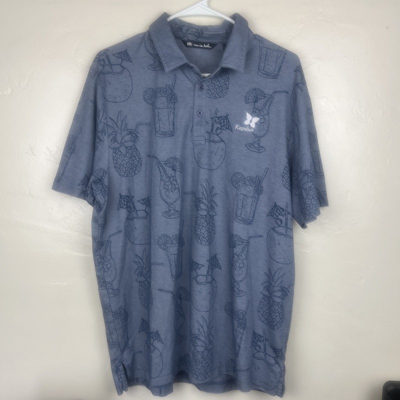 Travis Matthew Polo Shirt L Blue Pineapple Cocktail Golf Print “Kapalua” Branded