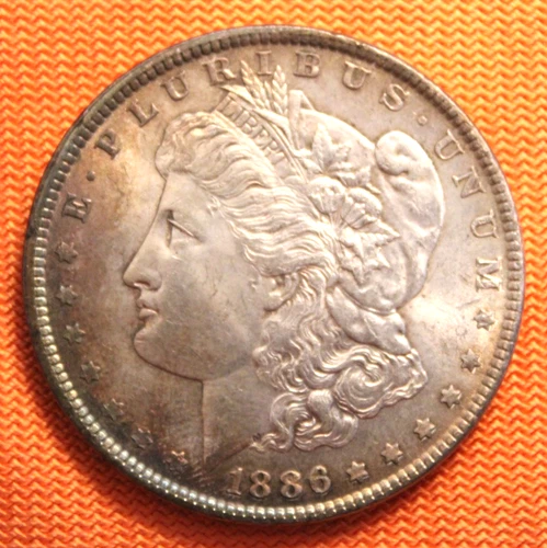 UNC Rainbow Toned 1886 Morgan Silver Dollar, $1, Luster!