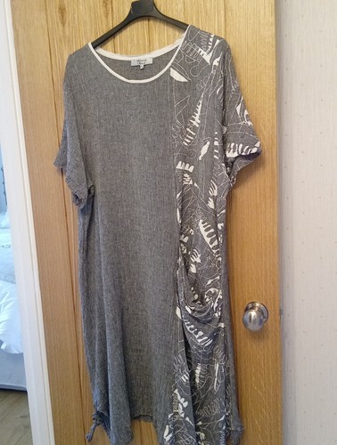 PERSONAL CHOICE GREY AND IVORY LINEN DRESS ASYMETRIC HEM -SIZE 24 -EXCELLENT - Picture 10 of 17