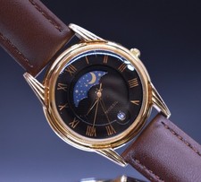 Reloj Fósil Vintage Fase Lunar FM-1877 Fecha Esfera Negra Números Romanos Cuero