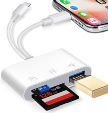 SD Card Reader for iPhone iPad, Dual Port Adapter with SD, MicroSD, USB-A Slots,