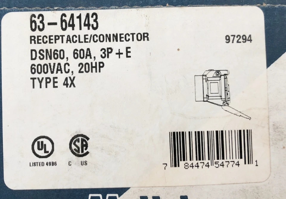 New Meltric 63-64143 Receptacle Connector DSN60 60A 3P + E 600VAC 20HP - Image 2 of 4
