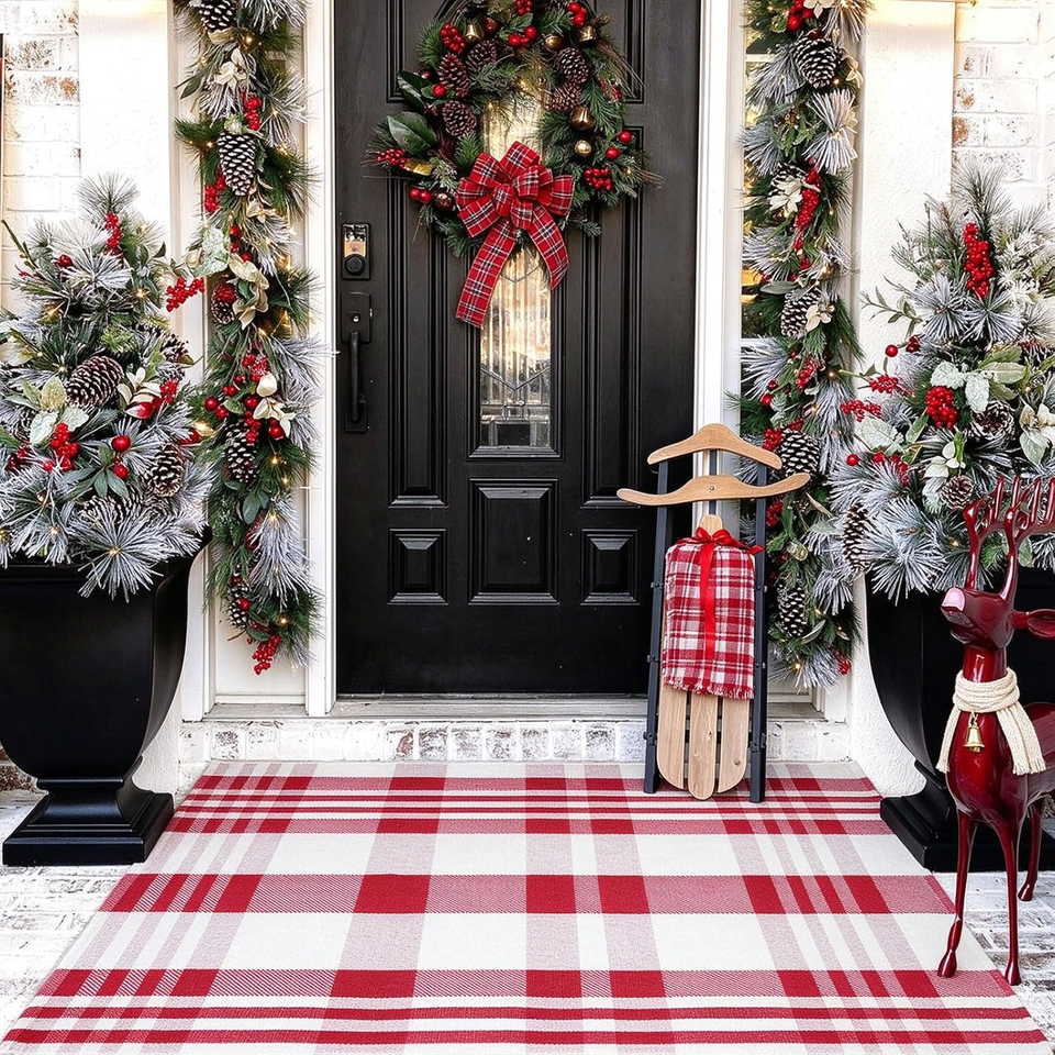 Christmas Door Mat Outdoor 27.5x43 Inches Cotton Hand-Woven Red White ...