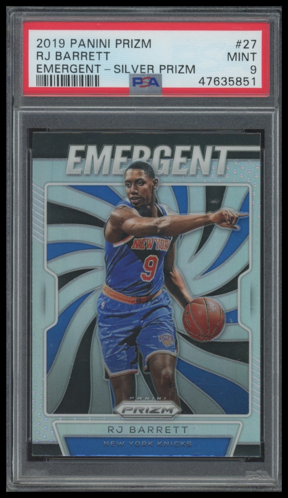 2019-20 Panini Prizm - Emergent Silver Prizm #27 RJ Barrett (RC) PSA 9 Raptors