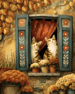 8x10 Cozy Storybook Two Cats Art Print Classic Illustration Heritage - 420085570
