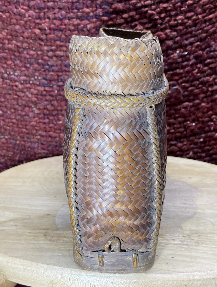 Антикварная азиатская Океания филиппинская японская бамбуковая плетеная корзина сумочка - Изображение 4 из 4