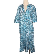 Heart of Grace Designs Blue White Floral Block Print Midi Dress Boho Large NEW