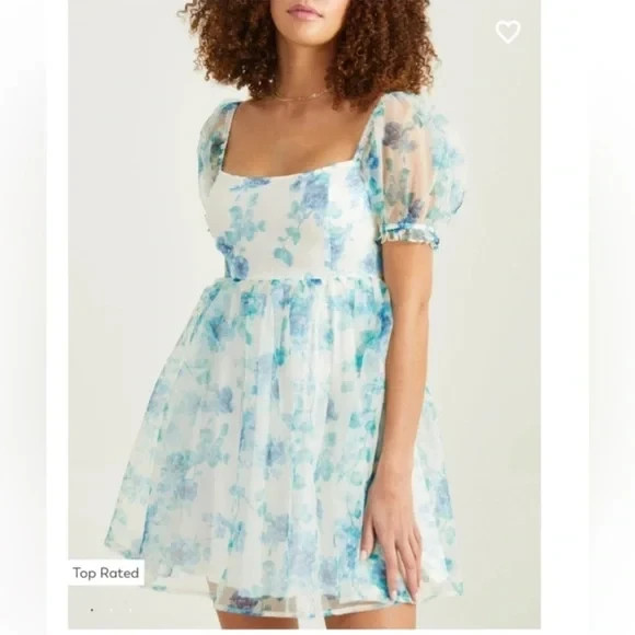 Altar'd State Blue Floral Mini Dress with puff sleeves size XS