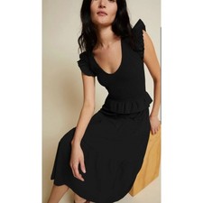 Nation LTD Fabienne Fused Ruffle Dress Womens XS Jet Black Smocked Midi Cottage