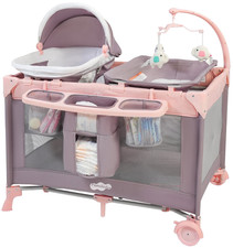 Pink Baby Nursery Playard Playpen w/ Bassinet Changing Table 4-in-1 Infant