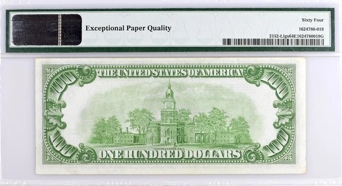 1934 $100 Federal San Francisco  LGS LIGHT GREEN SEAL PMG 64 EPQ - Image 2 of 2