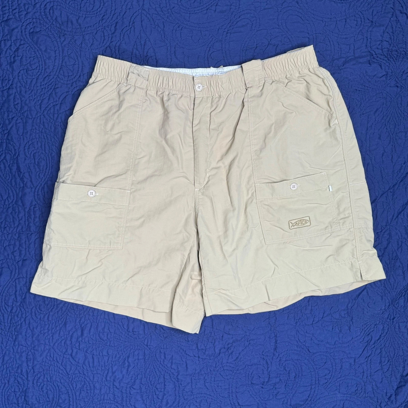 AFTCO Bluewater Fishing Shorts Tan Mens Size 42 Measure 36 Nylon Cargo Pockets