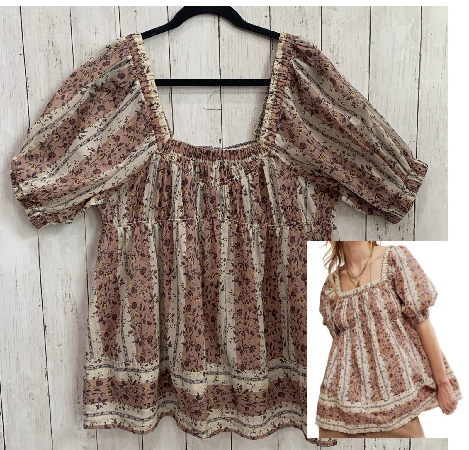 NWOT Free People Size Small  Vintage Lover Babydoll Boho Top Floral 100% Cotton