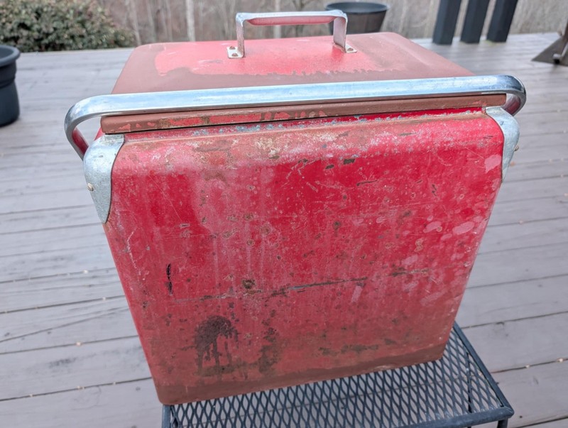 Antique Portable Red Silver Metal Ice Box with 2 Compartments