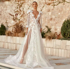 Vintage Appliques Wedding Dress Bow Straps V Neck 3D Flower Backless Lace Bridal