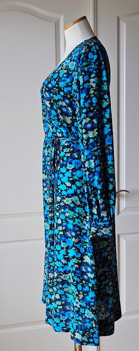 GANNI Size 38 / US 6 Azure Blue Floral Silk Blend Wrap Dress Long Sleeves