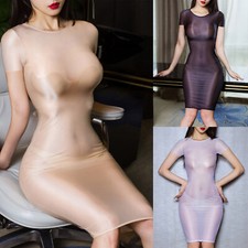 Womens Mini Dresses Stretchy Babydoll Dress Glossy Nightdress Bodycon Sleepwear