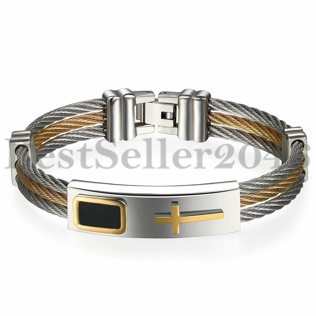 Mens Religious Cross ID Bracelet Bangle Cable Rope Twist Stainless
