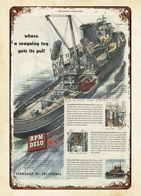 1945 RPM DELO Oil Period Tugboat Cutaway metal tin sign nostalgic  wall art