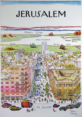 Jerusalem by J. Staber after Saul Steinberg Israel New Yorker Style Print Poster