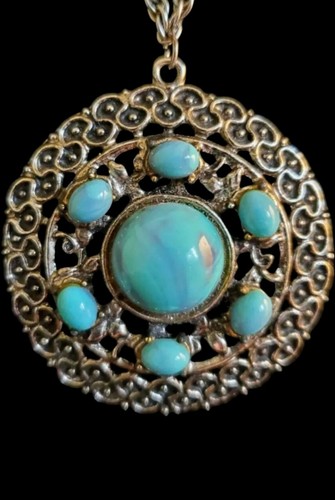 Vintage Ornate Silver Tone Faux Turquoise Medallion Lavalier Pendant Necklace - Picture 3 of 7