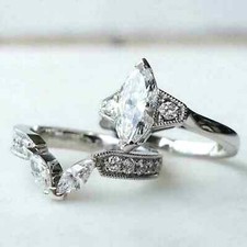 Wedding Bridal Ring Set 14k White Gold Plated 2Ct Marquise Lab-Created Diamond