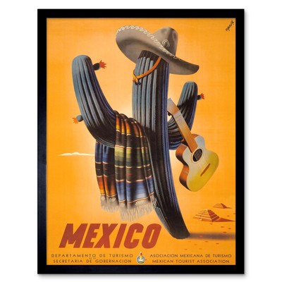 Reise Tourismus Mexiko Kaktus Gitarre Hut Serape 12 x 16 Zoll gerahmter Kunstdruck