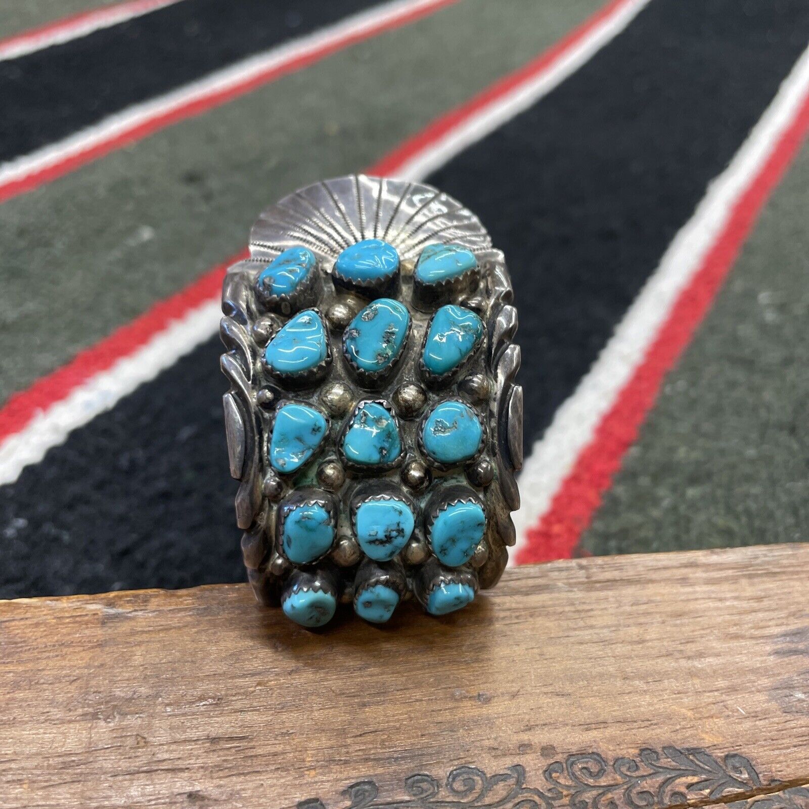 VTG OLD PAWN KJ STERLING WATCH CUFF TURQUOISE SIL… - image 4