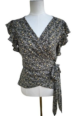 Max Studio Floral Wrap Blouse Top Womens Small NWT Black Yellow Flutter Sleeve