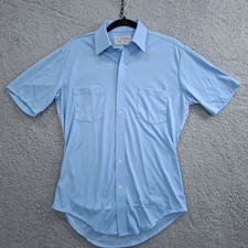 Vintage 70s Sears Perma Prest Shirt MEDIUM Blue Bowling Collar Short Sleeve