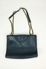TORY BURCH Fleming Navy Blue Quilted Leather Flap Shoulder Bag with Gold Chain