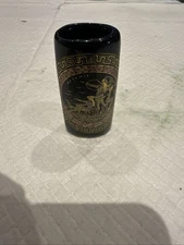 Vintage Black Ceramic Small Bud 3" Vase Toothpick Holder Greek Art Gold Painted 