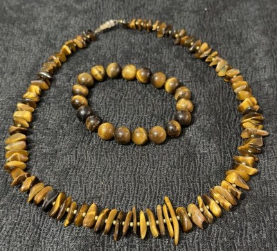 Vintage Polished Tiger's Eye Beaded Necklace 18'' w/ Barrel Clasp and Bracelet