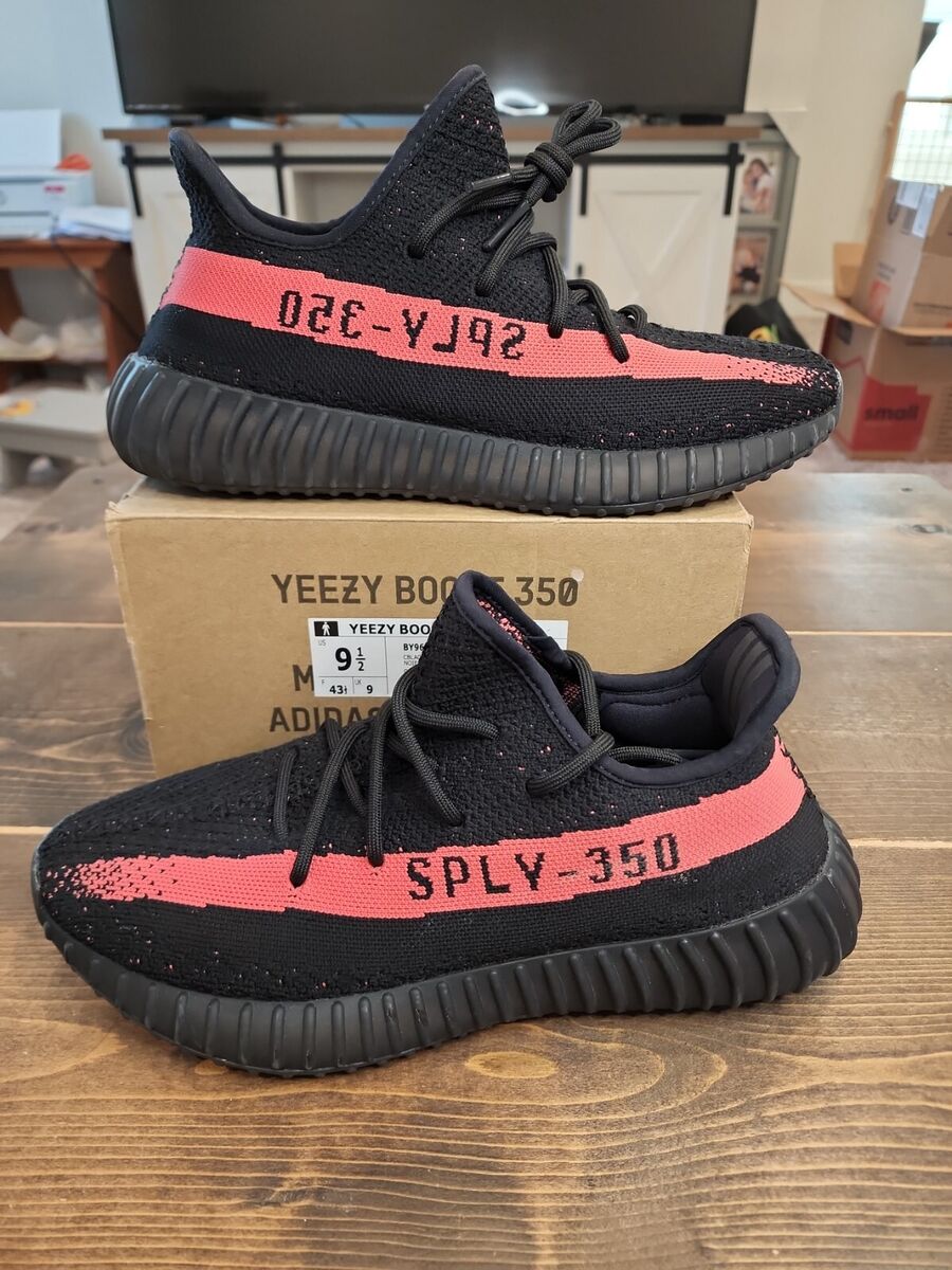 Adidas Yeezy Boost  V2 Core Black Red Stripe  BY Size 9.5  Pre owned