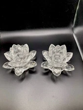 Shannon Crystal Candleholder Cut Glass Ireland Design Lotus Flower W 4” Set Of 2