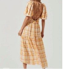 ASTR The Label Llana Midi Dress Size Small New Plaid Tiered Flowy Open Back