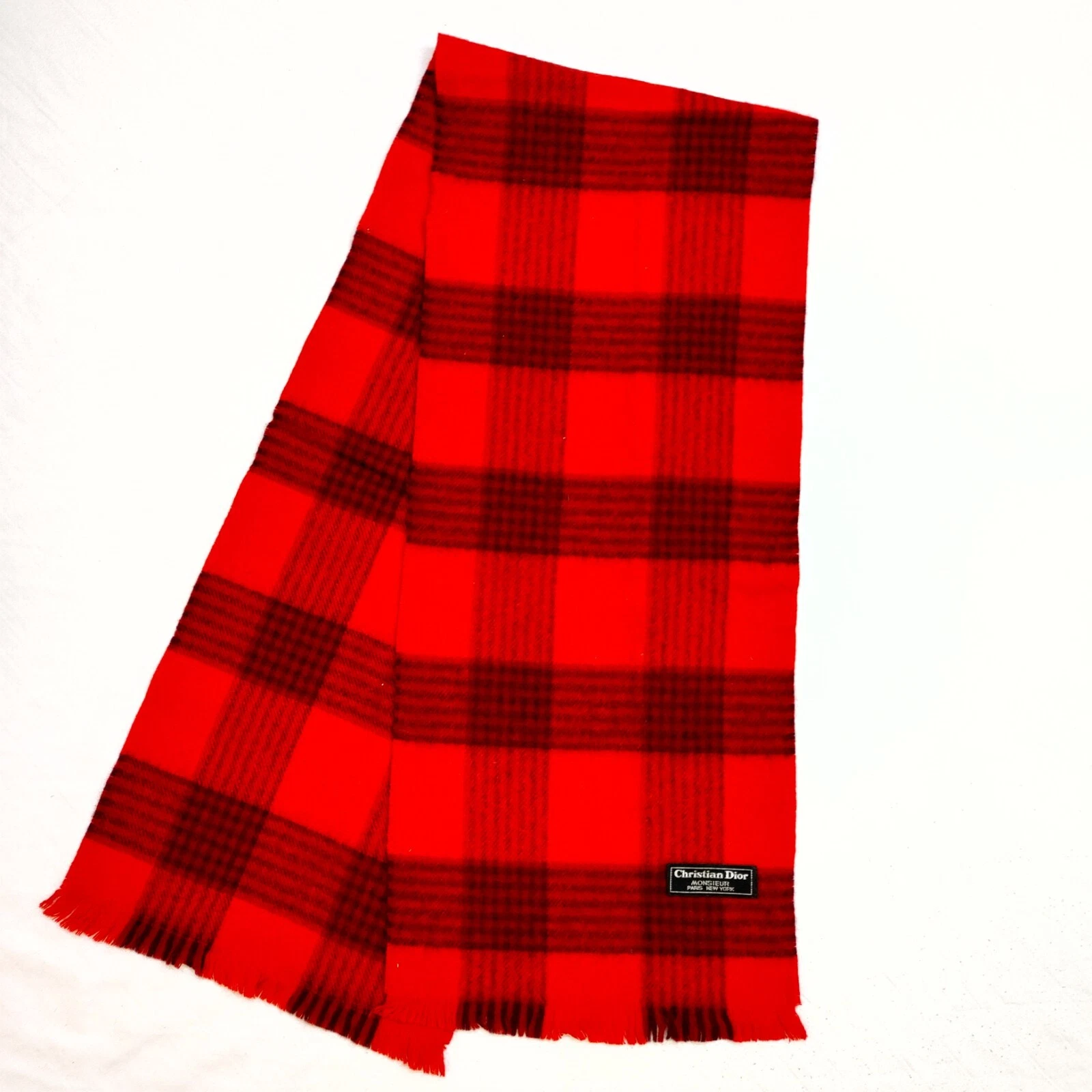 Écharpe plaid vintage Christian Dior Monsi % frange 10 x 48 pouces rouge noir vérificateur