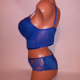 Victoria Secret Bra Set Bombshell Push Up Cheeky Panty Blue Lace Long Line New