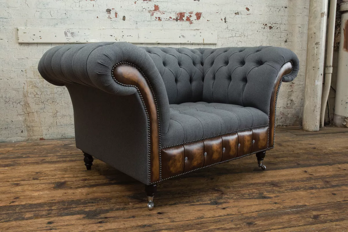 HANDMADE 1.5 SEAT GREY WOOL ANTIQUE LEATHER CHESTERFIELD SNUGGLE CHAIR