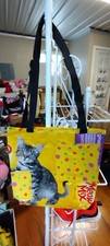 Cat Tote Bag w Black Handle, Lined w/ Cotton Fabric, From Cat Food Bag, Unique