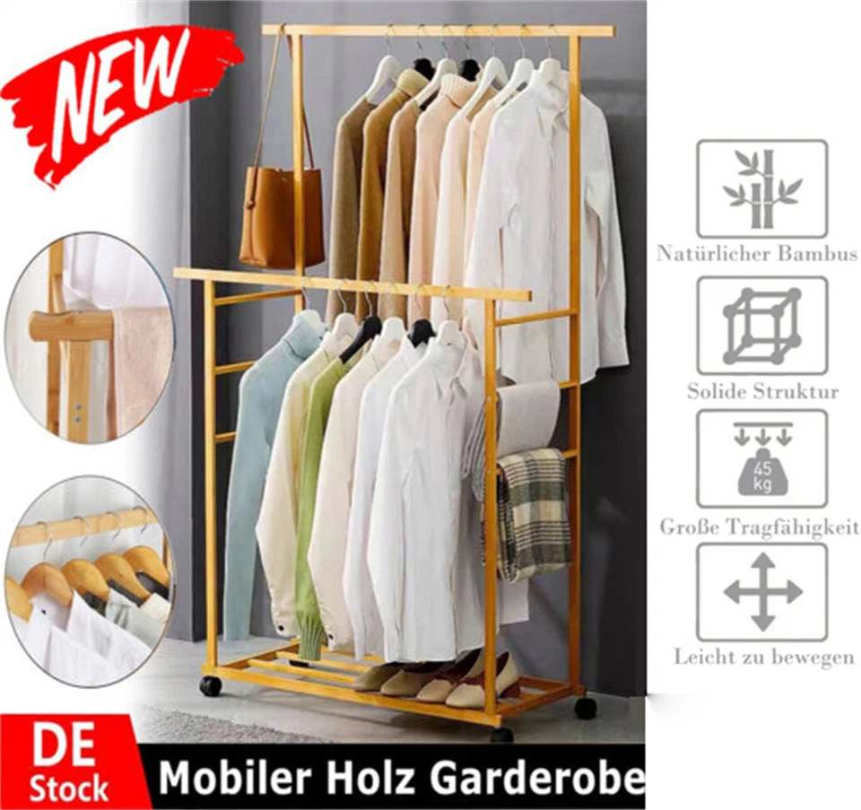 Kleiderständer Holz Garderobenständer Kleiderstange mit Rollen Kleiderwagen DE